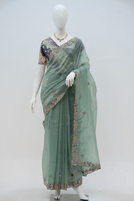 Powder Blue Paper Silk Boutique Saree in...