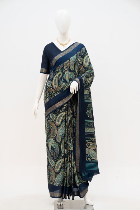 Navy Blue Raw Silk Boutique Saree Online...