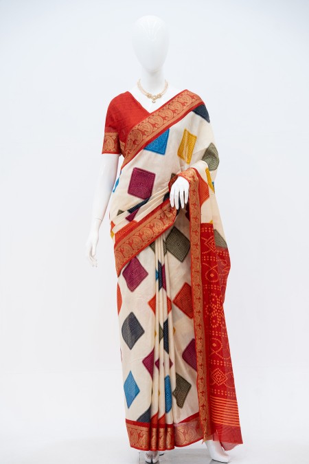 Off White Half Silk Boutique Saree in Ba...