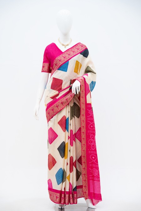 Off White Half Silk Boutique Saree in Ba...