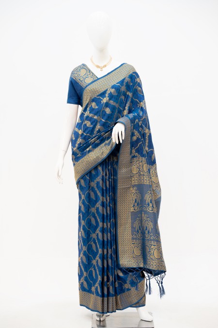 Navy Blue Soft Silk Kanchipuram Saree wi...