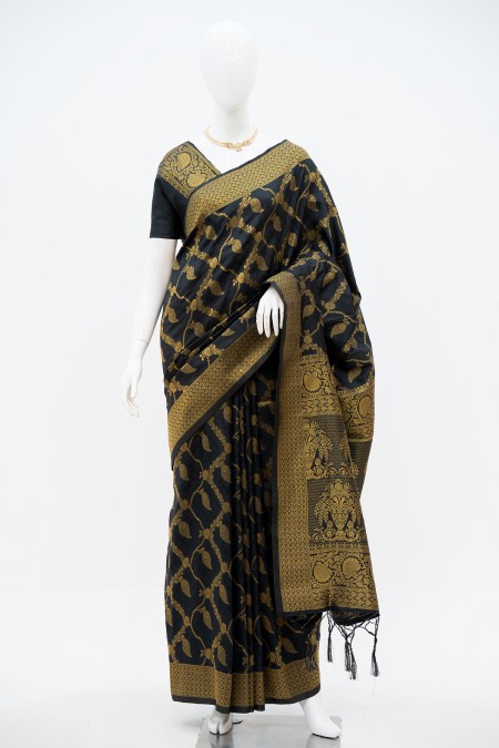 Black Soft Silk Kanchipuram Saree with u...