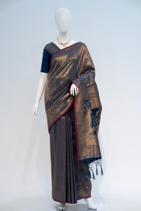 Navy Blue Soft Silk Kanchipuram Saree wi...