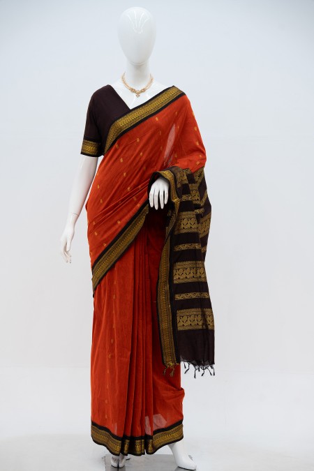 Dark Orange Half Silk Inspired Gadwal Sa...
