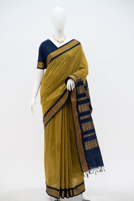Olive Half Silk Inspired Gadwal Saree in...