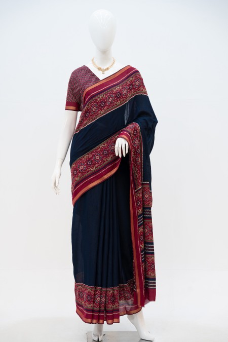 Navy Blue Half Silk Boutique Saree in Ba...
