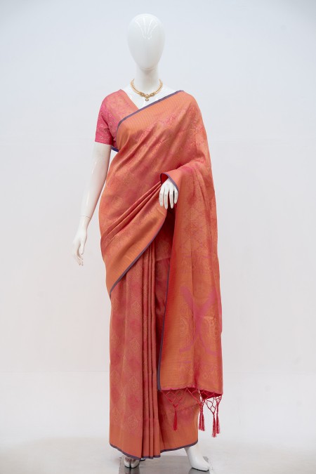 Peach Soft Silk Kanchipuram Saree in Ban...
