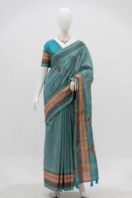 Powder Blue Tusser Silk Traditional Bout...