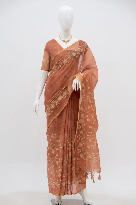 Peach Zari Linen Traditional Boutique Sa...