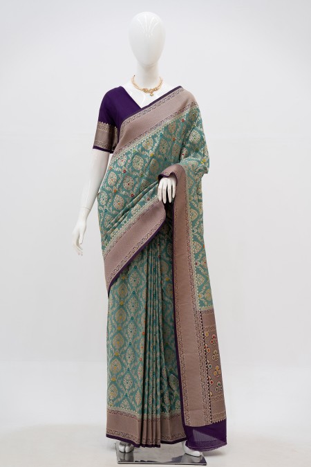 Powder Blue Silk Georgette Khaddi Sari i...