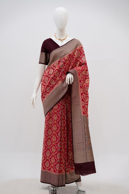 Magenta Silk Georgette Khaddi Sari in Ba...