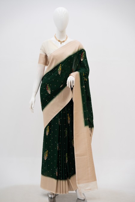 Dark Green Silk Georgette Khaddi Sari in...