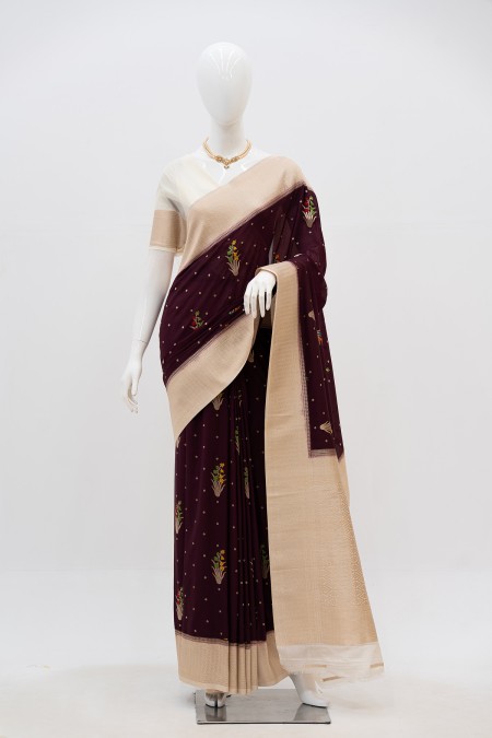 Dark Jam Silk Georgette Khaddi Sari in B...