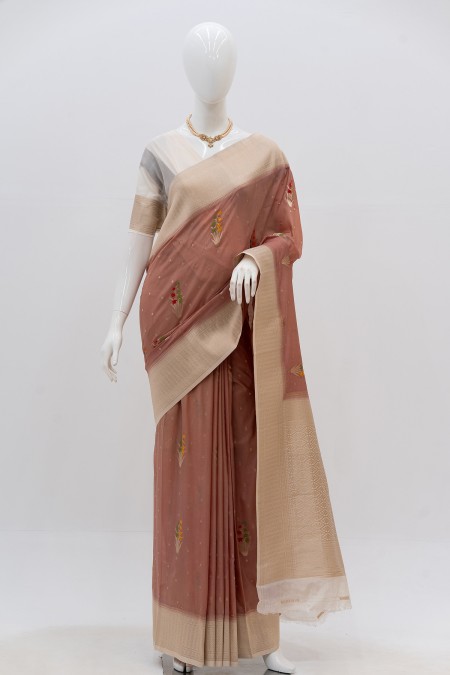 Peach Silk Georgette Khaddi Sari in Bang...