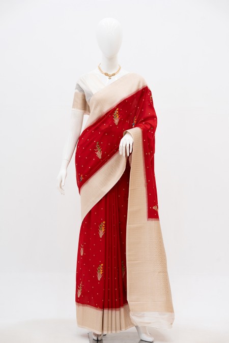Red Silk Georgette Khaddi Sari in Bangla...