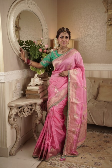 Pink Premium Soft Silk Kimora Designer S...