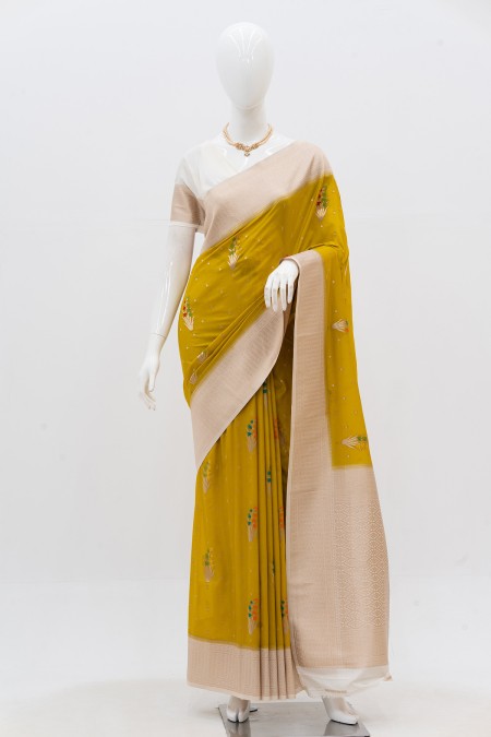 Ripe Lemon Silk Georgette Khaddi Sari in...