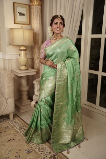 Pastel Green Soft Silk Kimora Designer S...