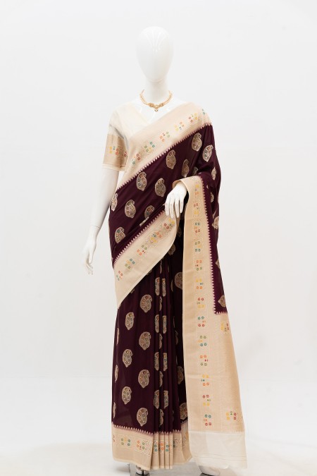 Dark Jam Silk Georgette Khaddi Sari in B...