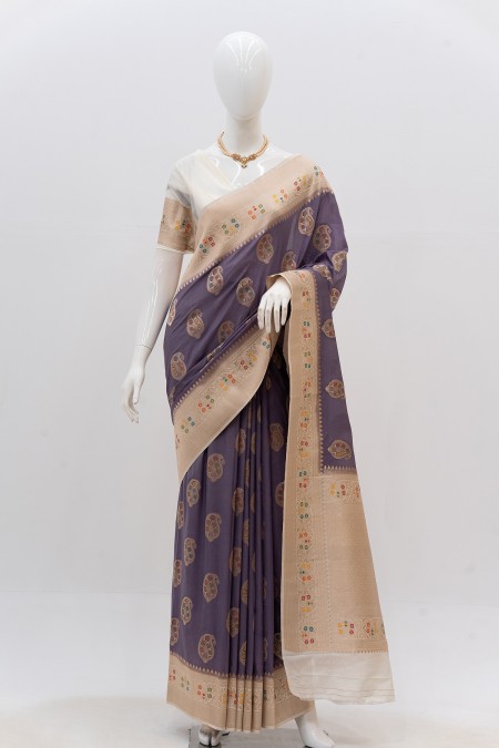 Ash Silk Georgette Khaddi Sari in Bangla...