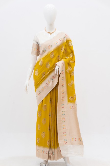 Yellow Silk Georgette Khaddi Sari in Ban...