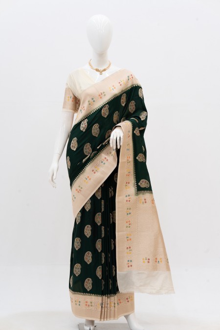 Bottle Green Silk Georgette Khaddi Sari...