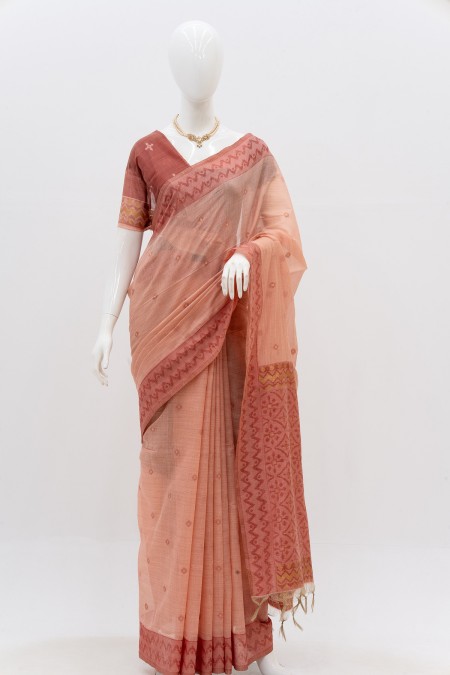 Peach Soft Linen Jamdani Saree in Bangla...