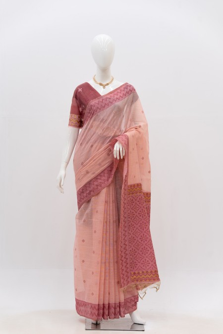 Peach Pink Soft Linen Jamdani Saree in B...