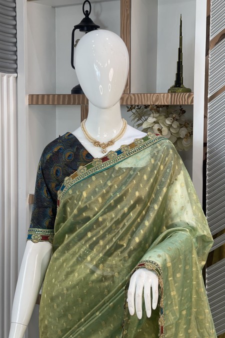 Mint Green Tissue Silk Boutique Saree fo...