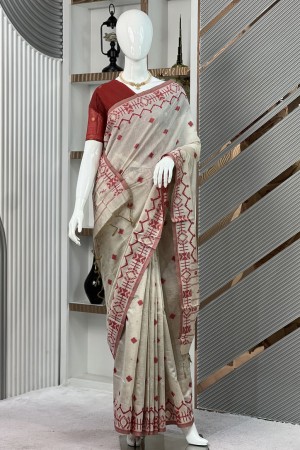 Off White Traditional Jamdani Saree with...