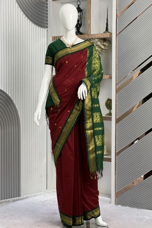 Maroon Half Silk Inspired Gadwal Saree O...