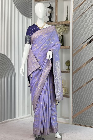 Sky Blue Premium Silk Kimora Designer Sa...